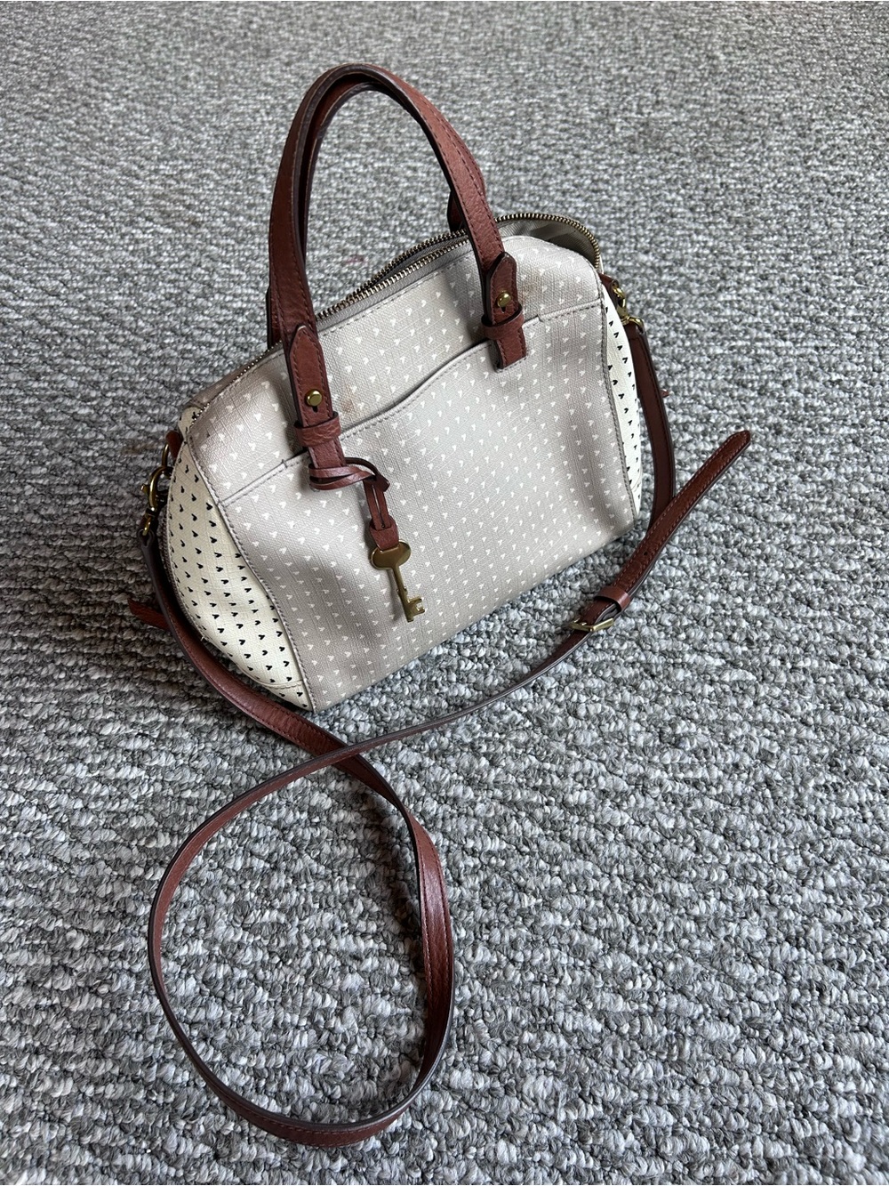 Fossil Beige and Brown Perforated Crossbody Satchel with Key Charm
